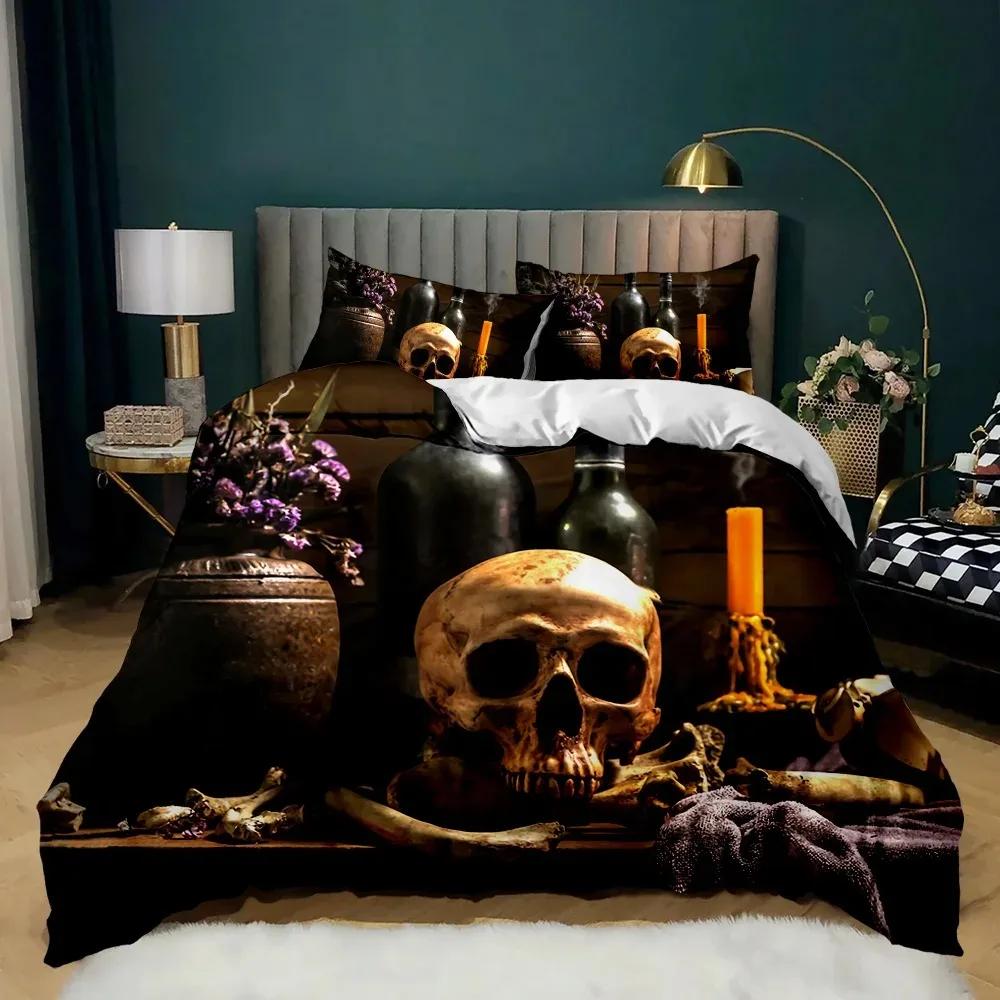 3D Skull Duvet Cover Set, Gothic Skull Bedding Sets,Skull Skeleton Comforter Cover Full Queen Size,Halloween Horror Quilt Cover