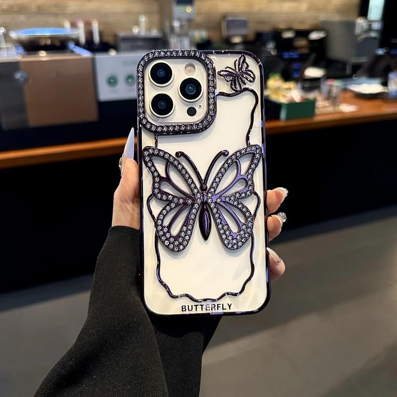 Glitter Crystal Diamond Butterfly Phone Case For iPhone 17 AIR 16 15 14 Plus 13 17 16 Pro Max Clear Plating Shockproof Cover 16