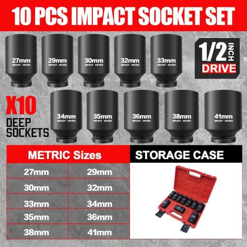 Deep Socket Set, Metric Deep Socket Set, Impact Socket Set, 6-Point Design, 27mm-41mm, 10-Piece Set, Hex Socket Set with Storage Case