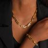 Conjunto de Pulseira e Colar de Corrente Feitos à Mão Banhado a Ouro 18K: Design Quadrado Espesso, Aço Inoxidável Polido.