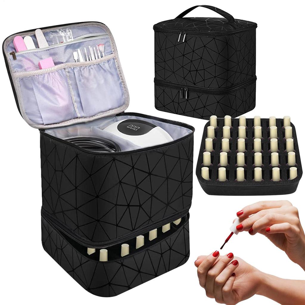 30 Grids Nail Organizer Black/Pink Double Layer Manicure Bag with Handle PU Nylon Makeup Bag Cosmetic Organizer Case
