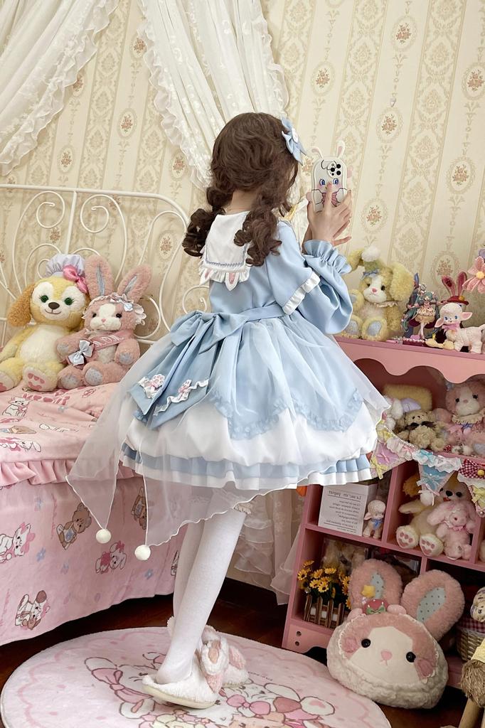 XHSUKADO Lolita Long Star Sailor Cat Claw Bunny Light Size M Women's Dress, Sleeves, Spring, Summer, Fall, Dreamy, Cute, Ribbon, Pattern, Collar,