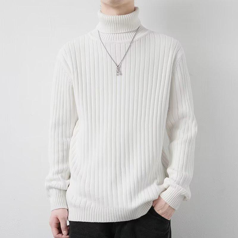 

Men s Striped High Neck Knit Sweater - Thick, Loose, Solid Color Winter Base Layer XL білий