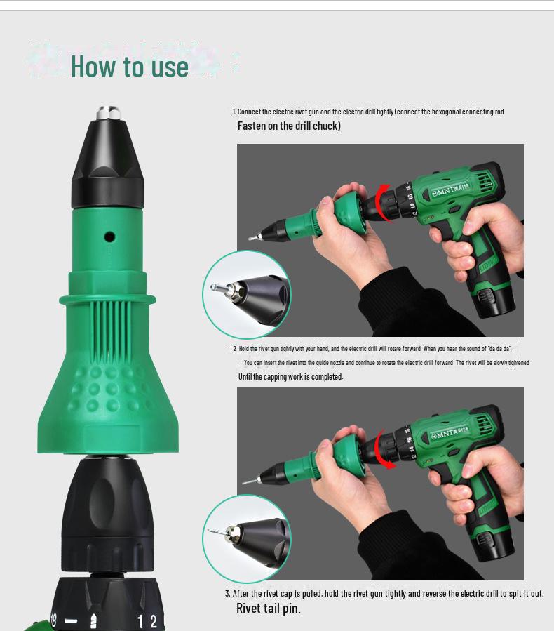 Portable Electric Rivet Gun with 2.4-4.8mm Core-Pulling Rivet Conversion Head - Hardware Tool Accessory