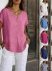 2026 Women's Summer Solid Color Short Sleeve Button-Up Cotton Linen Top - In Stock
