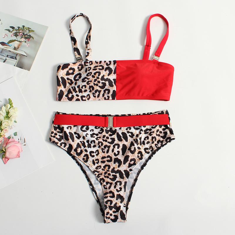 High-Waisted Leopard Print Patchwork Bikini - European and American Women's Two-Piece Swimwear