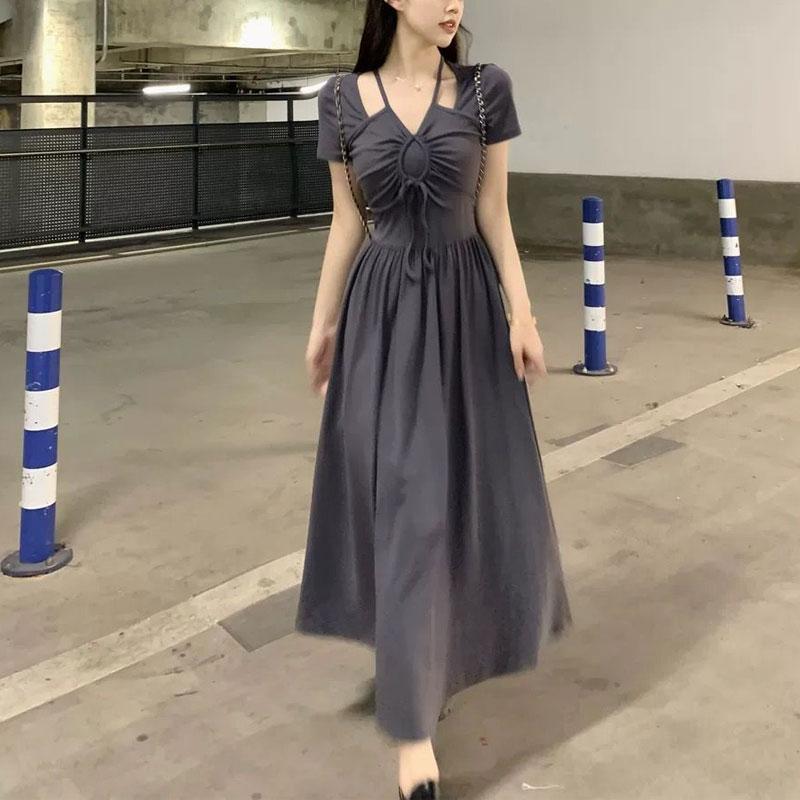 New Summer French Halter Neck Dress Irregular Waist-hugging Skirt