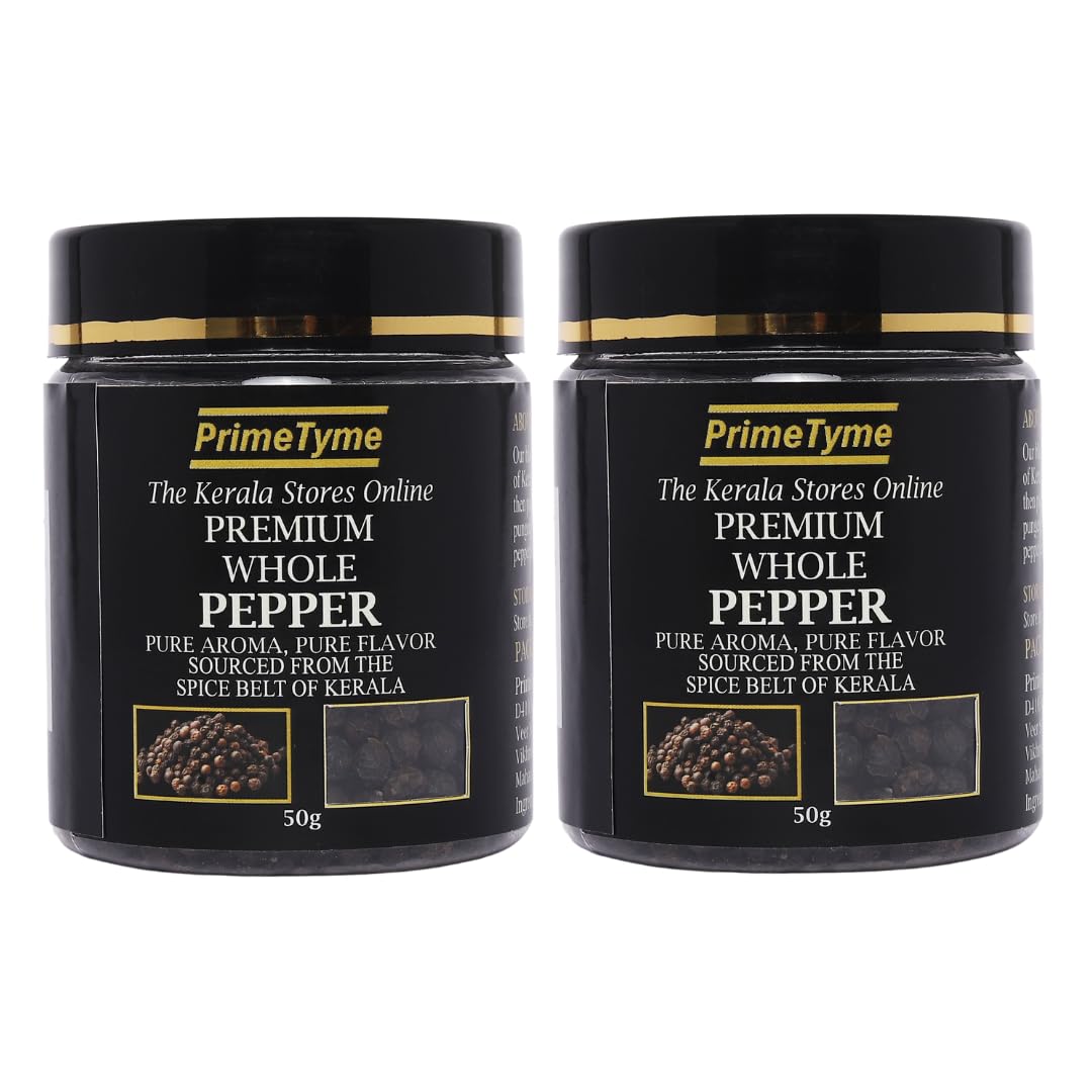 

PrimeTyme Premium Whole Black Pepper 50g x 2 Pack | Authentic Kerala Spice Belt Kali Mirch | Pure Aroma & Bold Flavor for Cooking, Seasoning & Gr
