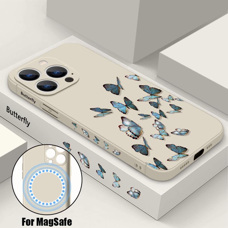 

Чехол для телефона с узором бабочки для iPhone 16 15 14 13 12 Pro Max 11 16E Магнитный для Magsafe Беспроводная зарядка Жидкий силиконовый чехол For iPhone 15 Pro