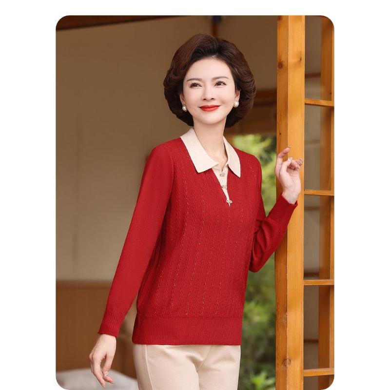 Neuer Mutter Locker Gestrickter Langarm Mittelalterliche Ältere Damen Revers Pullover Basis Modisches Oberteil