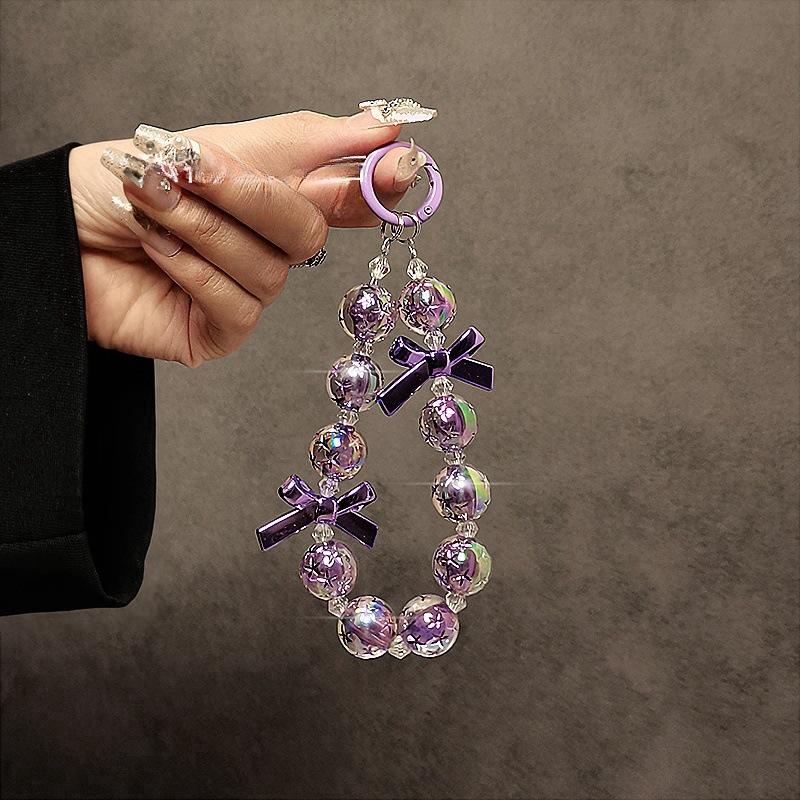 Personalized Bow Phone Chain, Short Wrist Handmade Beaded Phone Lanyard Phone Case Pendant