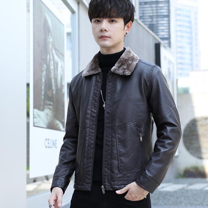 Men's Thick Leather Jacket with Fleece Lining - Lambswool, PU Leather, Lapel Collar, Warm Casual Coat for Spring & Autumn.