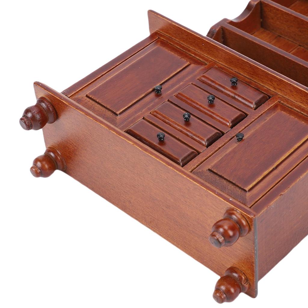 1/12 Scale Dollhouse Cupboard Miniature Display Cabinet Storage Drawers and Double Doors Chestnut