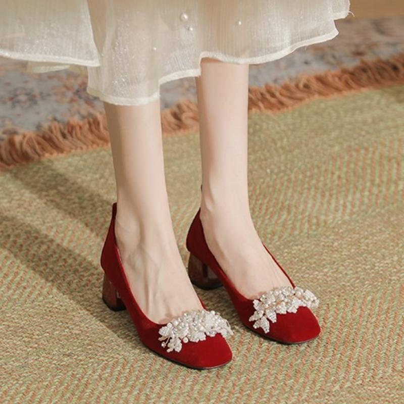 Spring New Coarse Heel Single Shoes Women's Fashion Round Head Shallow Mouth Suede Flower Thick Soled Wedding Shoes