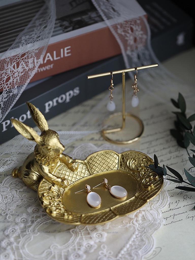 Cute Golden Bunny Figurine Jewelry Ring Tray Decorative Easter Rabbit Statue Resin Animal Sculpture Home Table Desk Ornament