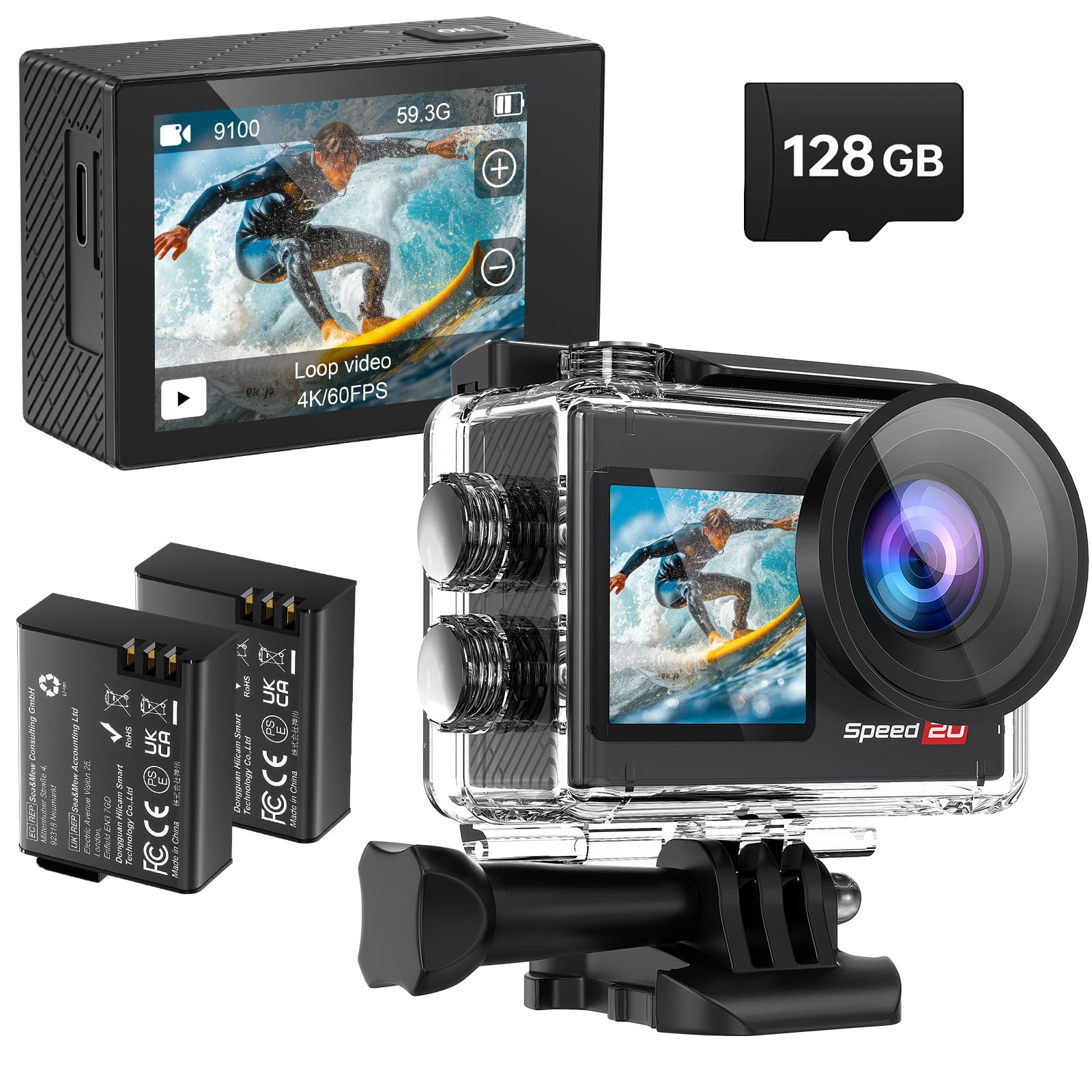 

Hiicam Speed20 Action Wearable Action 4K Image Dual Color 40M Underwater External Microphone Support Smartphone App 5x Includes Two 1350mAh Batteries чорний