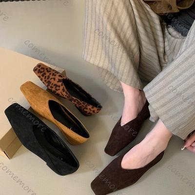 Mode Comemore Franska Retro Mocka Fyrkantig Tå Låg Urringning Enkla Skor för Kvinnor 2025 Vår Höst Nytt Temperament Slip on Ballerinaskor