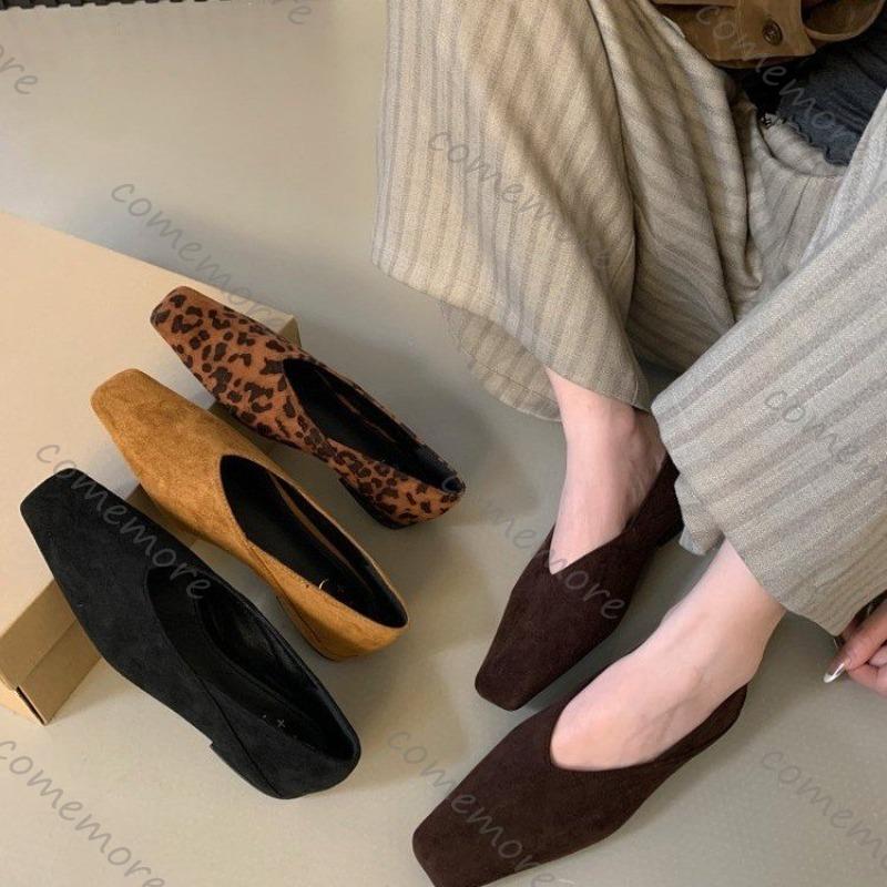 Fashion Comemore French Retro Suede Square Head Shallow Mouth Single Shoes for Women 2025 Spring Autumn New Temperament Slip On Flats
