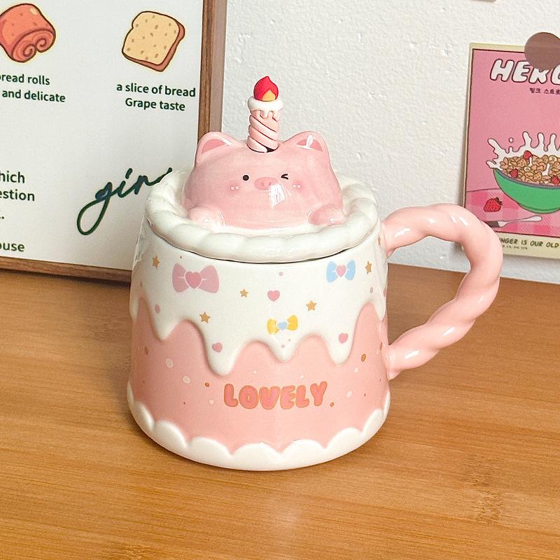 Ceramic Mug with Lid Cartoon Birthday Gift Cup for Women Office Coffee Cup Household Water Cup Creative Gift Box