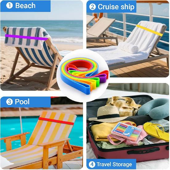 Beach Towel Bands (6-Pack), Portable Towel Bands for Beach Chairs & Cruise Chairs Pool Chair, Vacation Choice Beach Chair Towel Clips, Great