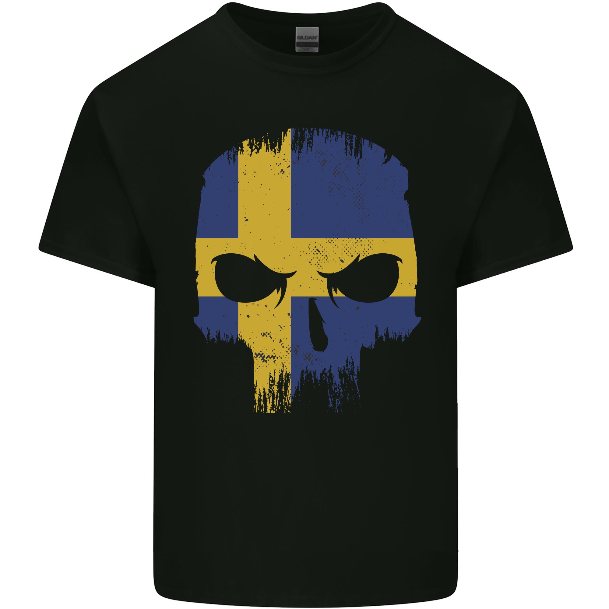 Sweden Skull Flag Gym Bodybuilding Biker Unisexs Light Cotton TShirt S