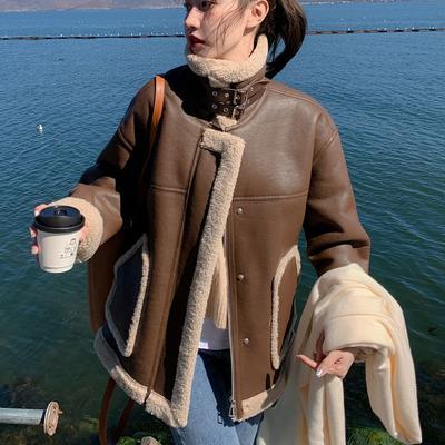 2023 Winter New Fur One Fleece Thickened Coffee Faux Leather Jacket Motorcycle Clothing Lamb Wool Coat Women