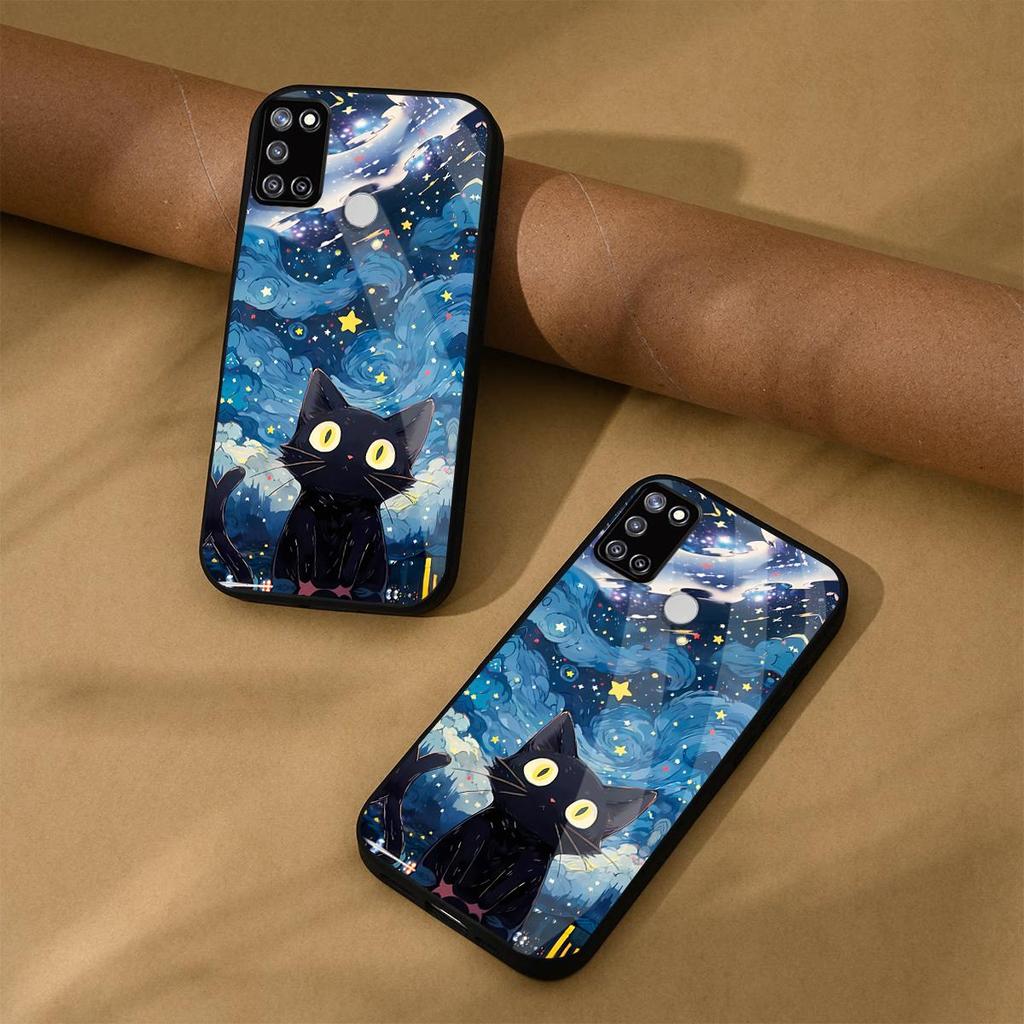 Case for realme C17 7i Anime Black Cat Starry Cloud Print Phone Cover Acrylic Hard Back Shell With Flexible TPU Edge