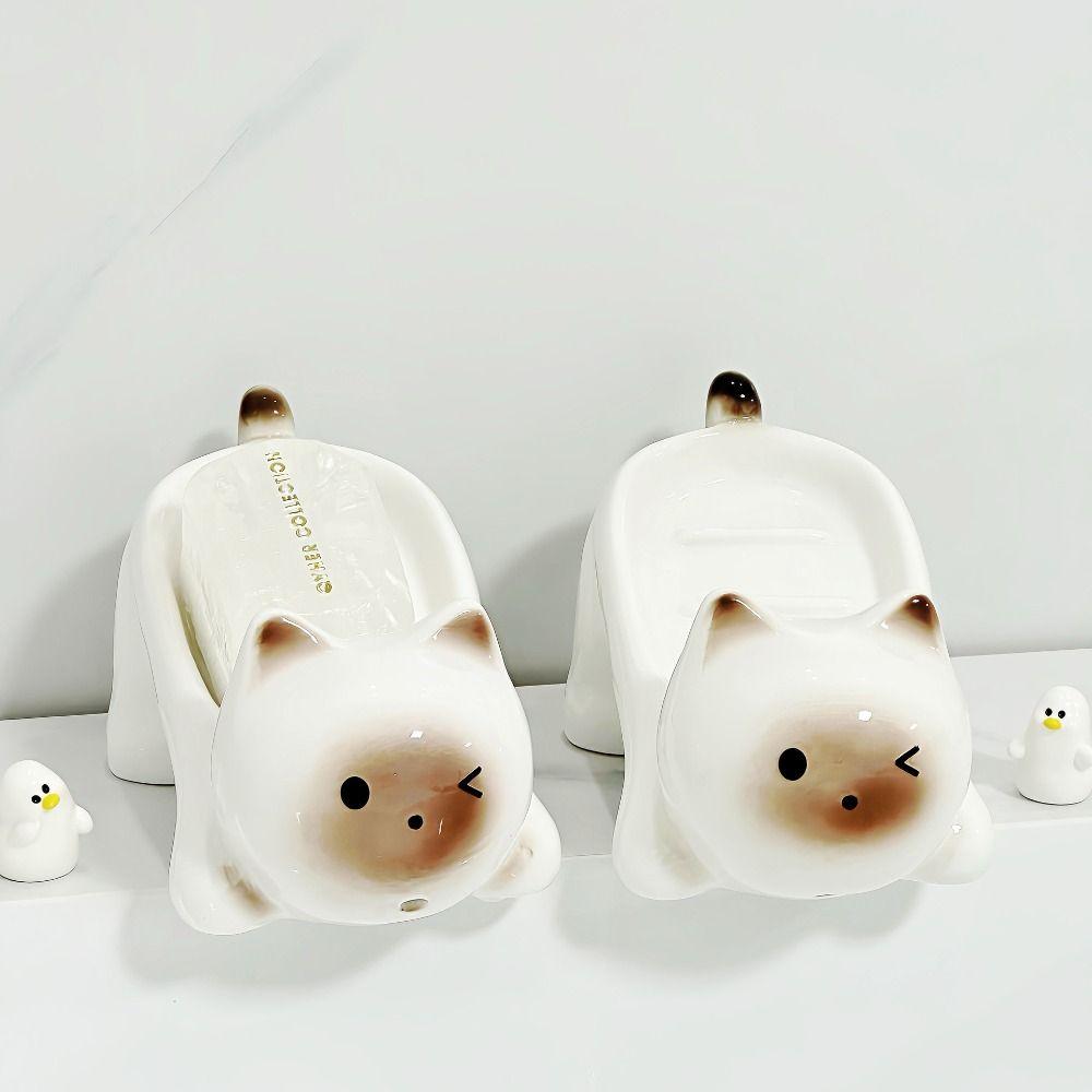 Cute Cat Soap Box Ceramic Bathroom Storage Rack Tray Container Soap Dish  Drainage Rack
