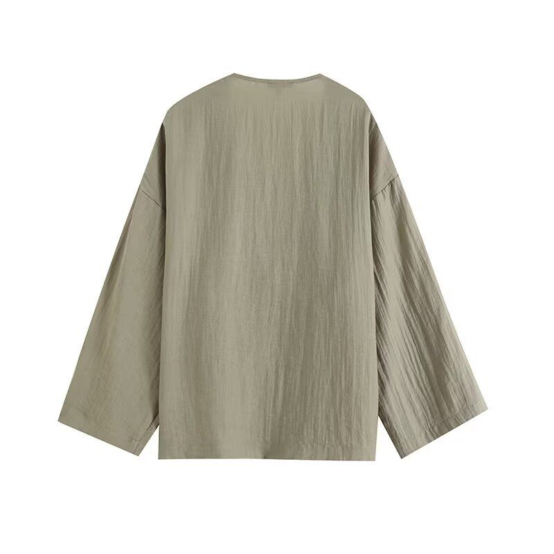 Fashion Style 2024 Summer New Arrival Women's Clothing Easiest for Match New Chinese Green Style Fresh Shoelace V-neck Long Sleeve Shirt