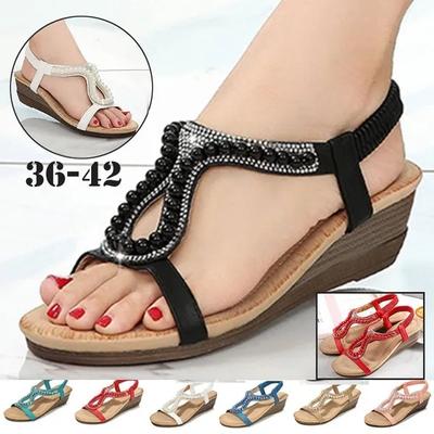Sandálias de cunha de couro feminino verão casual sapatos diários confortáveis jóias sandálias de salto médio
