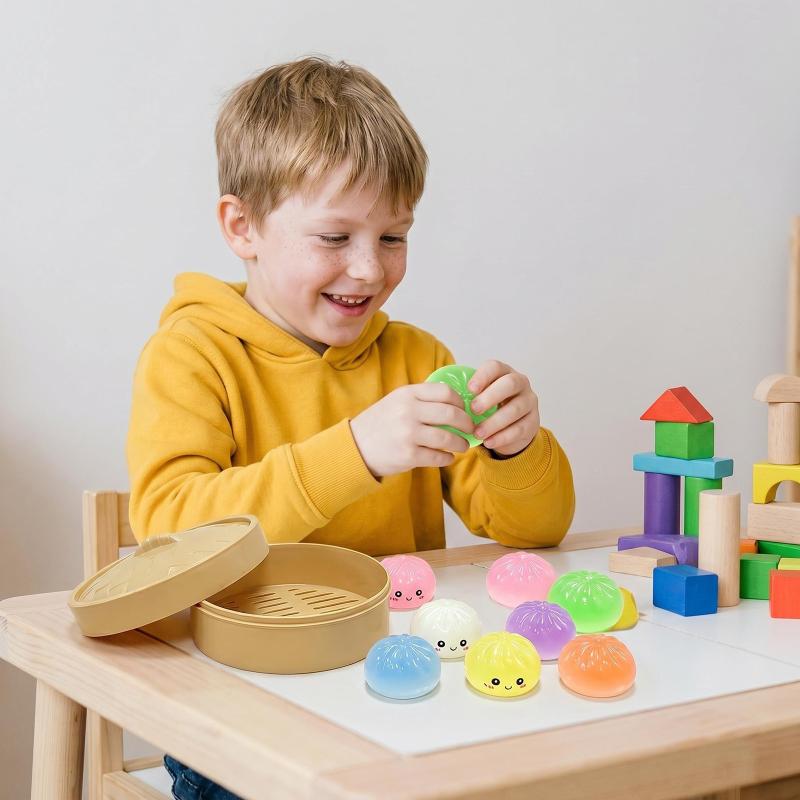 7Pcs Mini Dumplings With Steamer Bun Squeezable Toys Set Soft Stress Relief Crystal Squeeze Fidget Sensory Toy Party Favors Gift