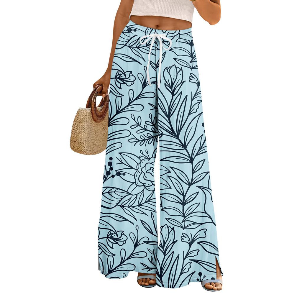Women Summer Boho Palazzo Pants High Waist Wide Leg Floral Printing Casual Trousers With Pockets