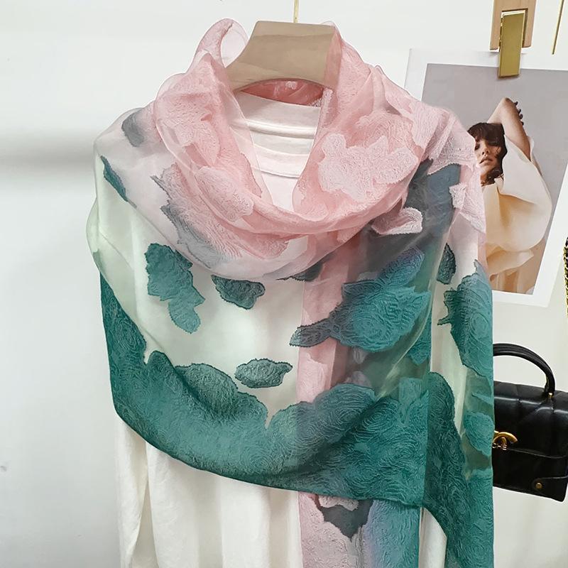 Shawl Scarf Advanced New Gradual Change Flower Long Silk Scarf Yarn Versatile Sunscreen Shawl