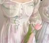 Floral chiffon square neck bubble sleeve dress women's summer feeling long waist fairy fairy skirt