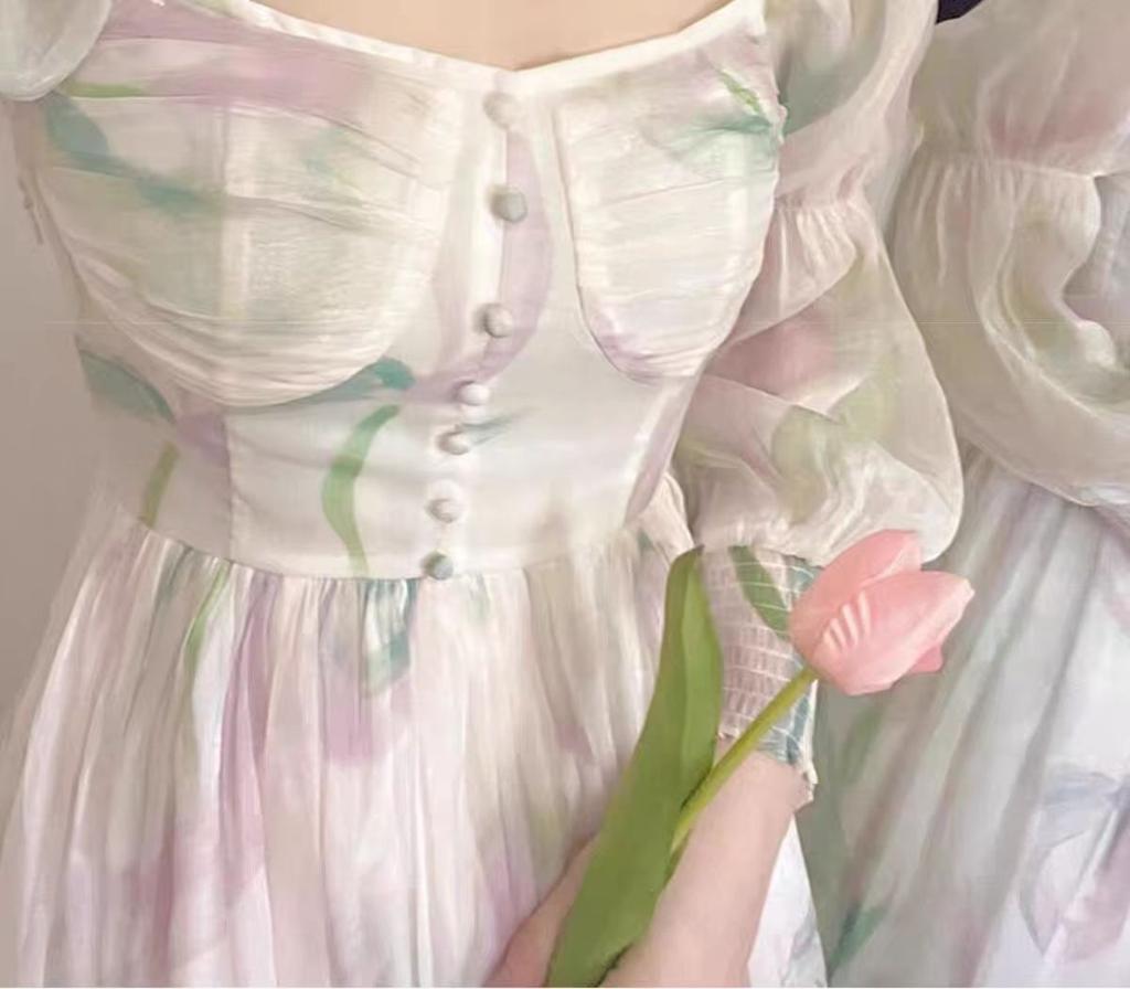 Floral chiffon square neck bubble sleeve dress women's summer feeling long waist fairy fairy skirt