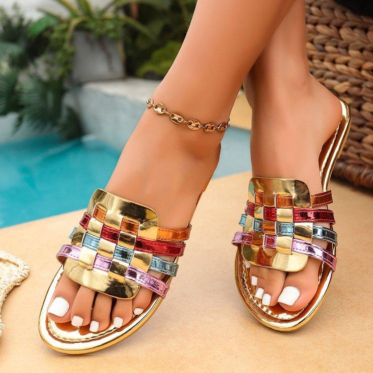 Women's Color Block Chunky Heel Slide Sandals, Square Toe Patent Leather Comfort One-Strap Sandals for Women