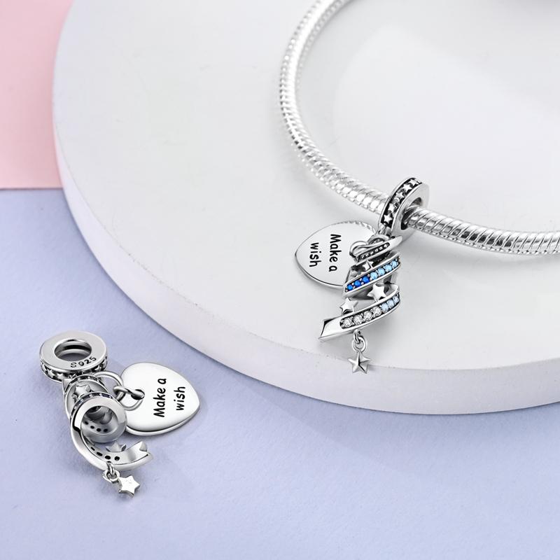 Charms Copper Blue Meteor Heart-Shaped Wish Pendants Fit Charms Plata Original Bracelet Beads Women Jewellery Making Diy