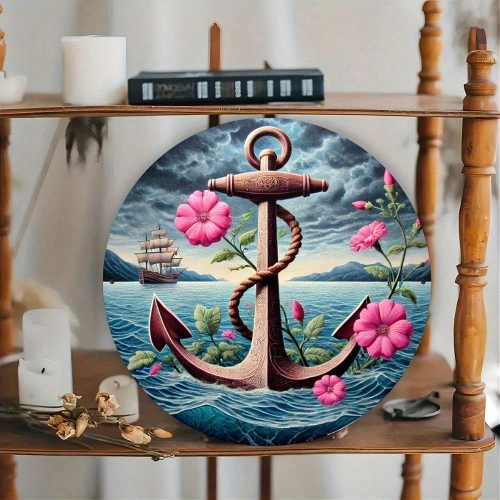 Nautical Anchor Sailboat Floral Metal Wall Art 8 Inch Round Iron Decor For Home Kitchen Cafe Hanging