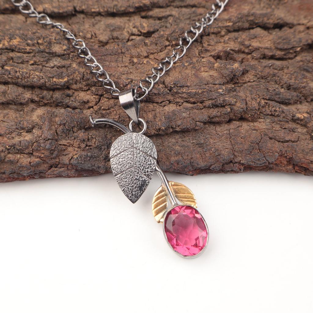 Pink Tourmaline Stone 925 Sterling Silver Anniversary Gift Ethnic Boho Pendant PP-55-2