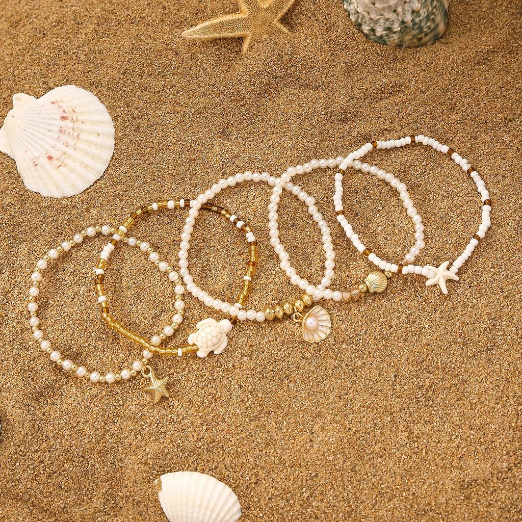5pcs/set Elegant Multi-layer Imitation Pearl Bracelet Starfish Shell Turtle Pendant Bracelet Women's Summer Party Dating Jewelry