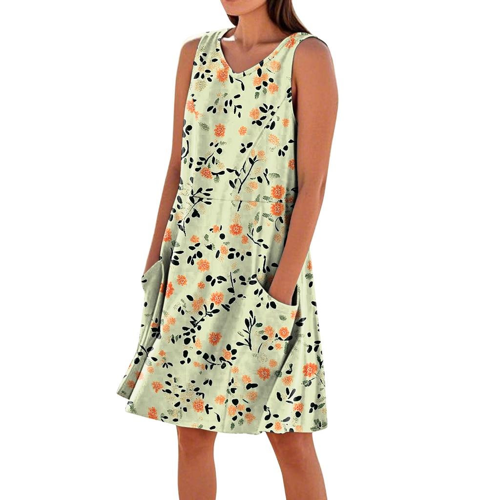 Women Sleeveless V Neck Casual Dress with Pockets Floral Print Relaxed Fit Summer A Line Dress for Daily Wear