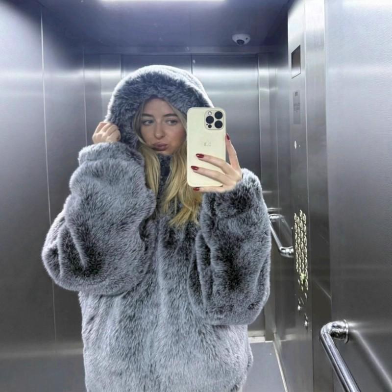 Womens Gradient Black White Dip-Dye Hooded Faux Fur Jacket Winter Warm Cozy Outerwear
