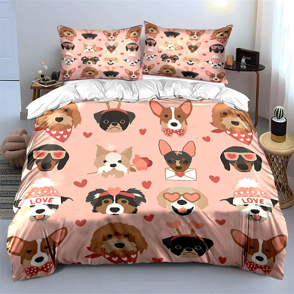 Cute Dogs with Hearts Pattern Bedding Duvet Cover Set Duvet Cover Pillowcases (1*Duvet Cover 2*Pillowcases, Without Duvet Insert)