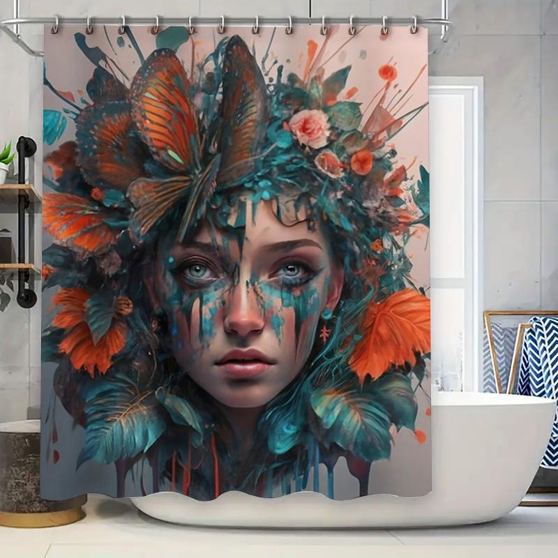 Artistic Woman With Butterflies And Flowers Waterproof Shower Curtain