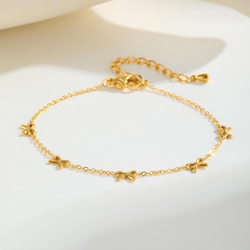 18K Gold PVD Plated Stainless Steel Bow Knot Charm Bracelet Necklace for Women Jewelry Set Gift Waterproof Hypoallergenic