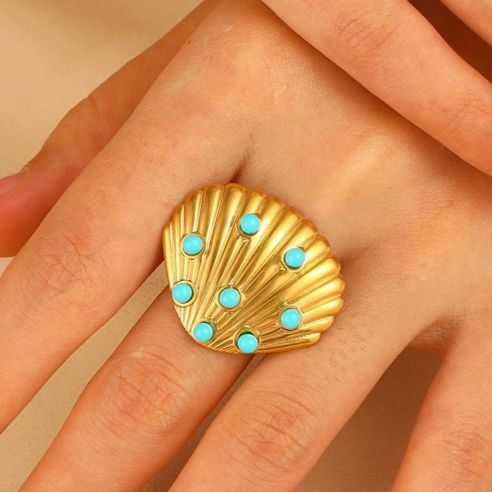 Stainless Steel Starfish & Seashell Open Ring - Ocean Holiday Style Jewelry for Women