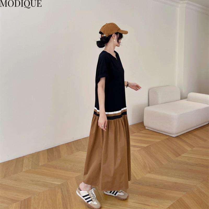 MODIQUE Summer Plus Size New Women Basic Loose Minimalist Color Matching T-Shirt Patchwork Long Dresses Female Casual Short Sleeve O-Neck Dresses