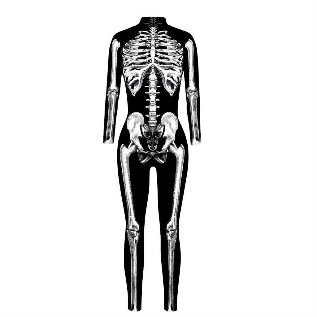Spooky Skeleton Print Long-sleeved Jumpsuit Halloween Costume For Adults Kids