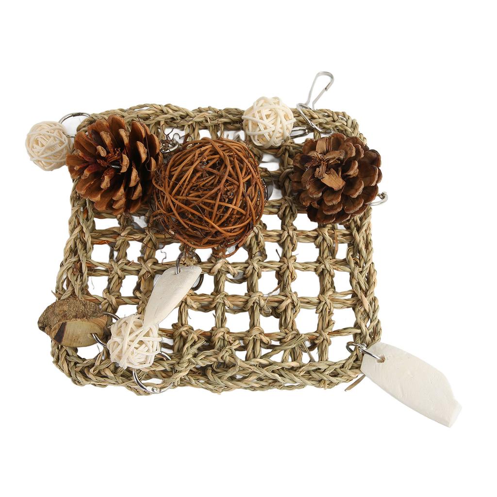 Parrot Climbing Mat Toy Seagrass Woven Bird Hammock Chewing Net with Cuttlefish Bone for Lovebird Cockatiel