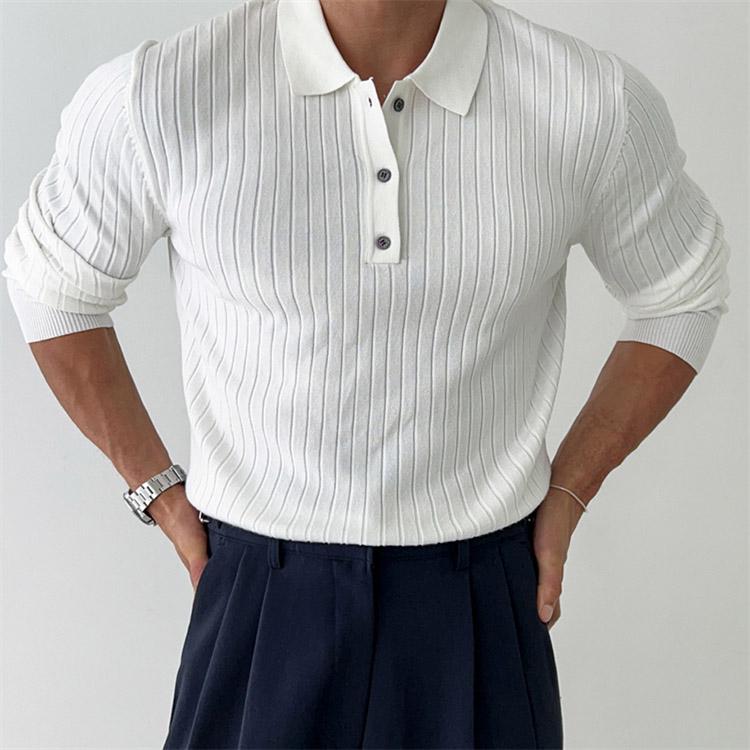 Men's Korean Style Polo Knit Sweater - Solid Color, Long Sleeve, Mature Autumn/Winter Top
